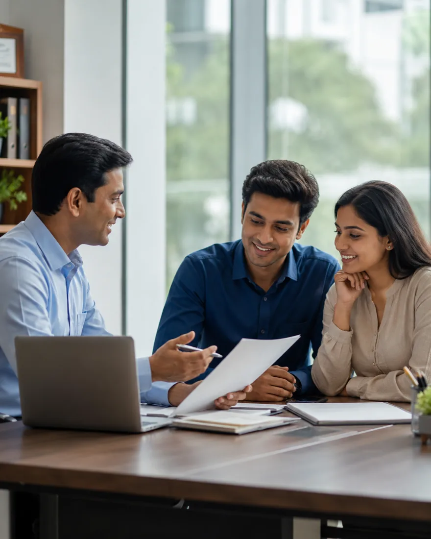 A finance executive explaining loan options to two applicants