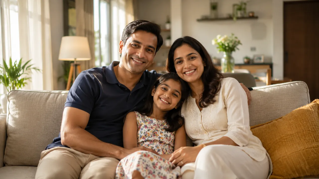 A family relaxing together at home in their living room